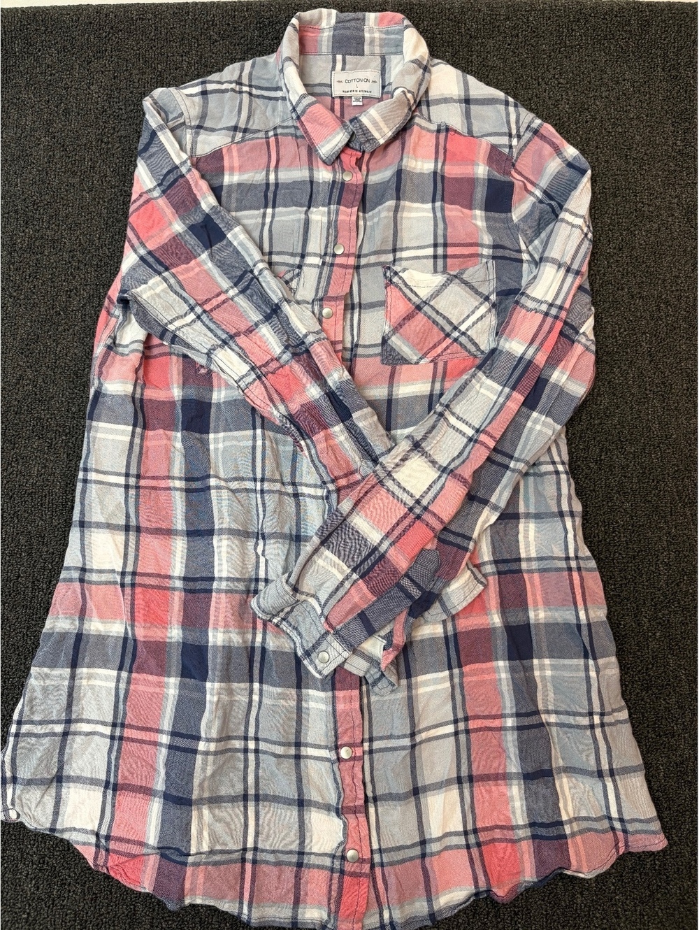 Cotton On Women's Long Sleeve Plaid Shirt Dress in Pink, Blue, and White Size L